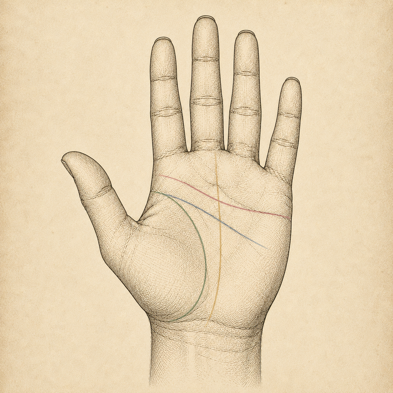 Engraving-style right palm with major palmistry lines